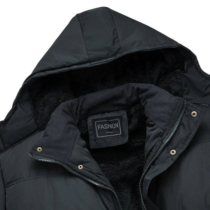 Men's Hooded Padded Winter Coat Fleece-Lined Zip-Up Flap-Pocket Black