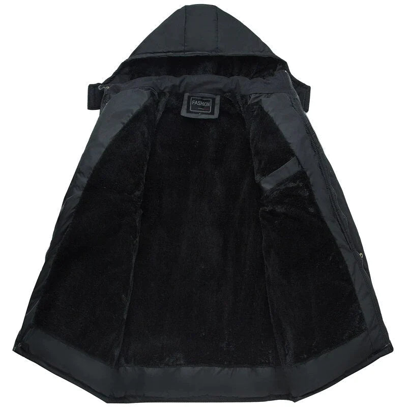 Men's Hooded Padded Winter Coat Fleece-Lined Zip-Up Flap-Pocket Black