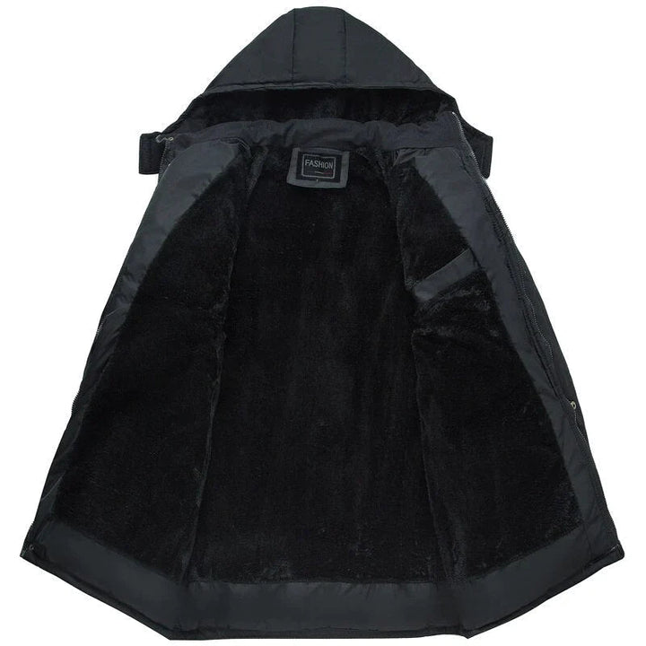 Men's Hooded Padded Winter Coat Fleece-Lined Zip-Up Flap-Pocket Black