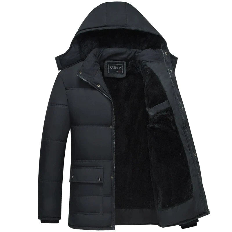 Men's Hooded Padded Winter Coat Fleece-Lined Zip-Up Flap-Pocket Black