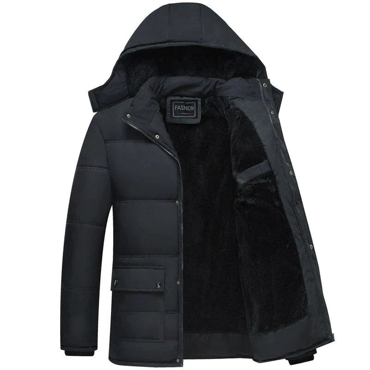Men's Hooded Padded Winter Coat Fleece-Lined Zip-Up Flap-Pocket Black