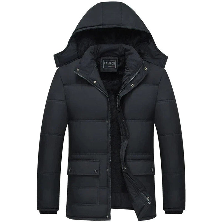 Men's Hooded Padded Winter Coat Fleece-Lined Zip-Up Flap-Pocket Black