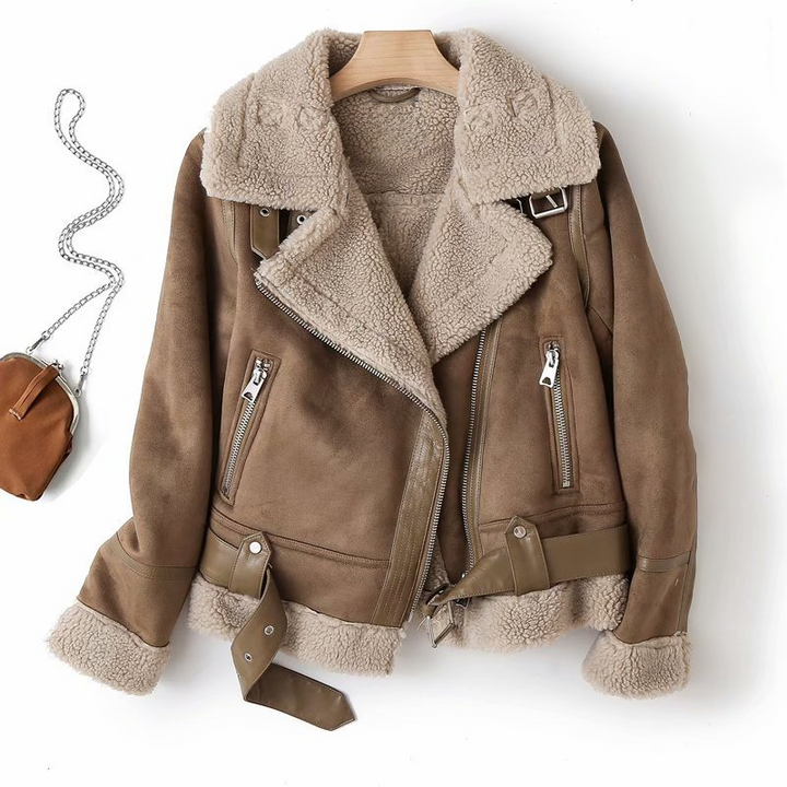 Women's Faux Shearling Suede Moto Jacket Belted Zip-Up Aviator Winter