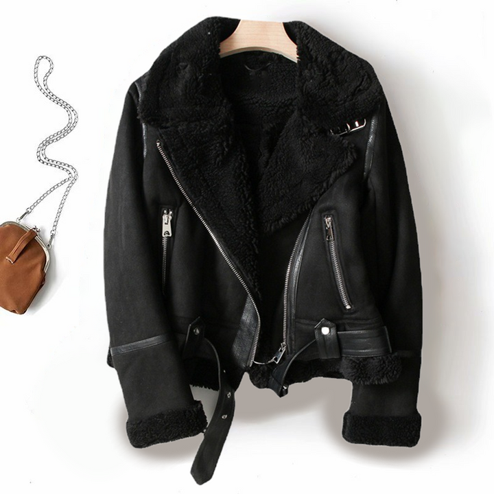 Women's Faux Shearling Suede Moto Jacket Belted Zip-Up Aviator Winter