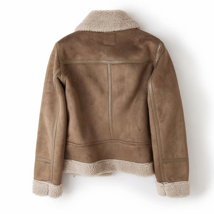 Women's Faux Shearling Suede Moto Jacket Belted Zip-Up Aviator Winter