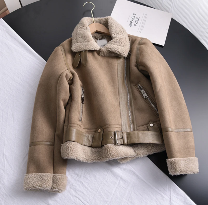 Women's Faux Shearling Suede Moto Jacket Belted Zip-Up Aviator Winter