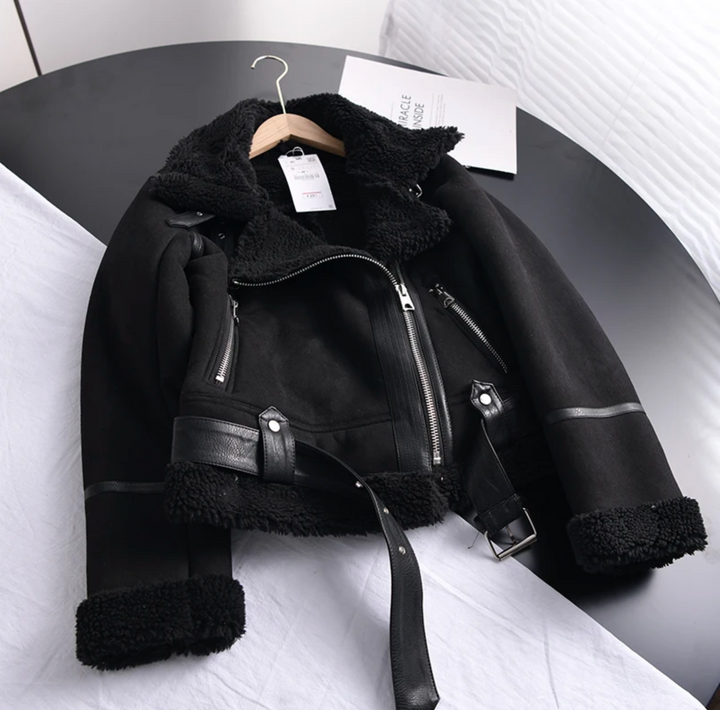 Women's Faux Shearling Suede Moto Jacket Belted Zip-Up Aviator Winter
