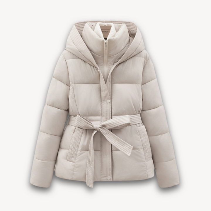 Women's Belted Hooded Puffer Jacket Full-Zip Quilted Fitted-Waist Warm