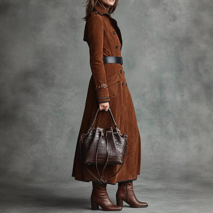 Drune | Long Suede-Style Trench Coat with Double-Breasted Design