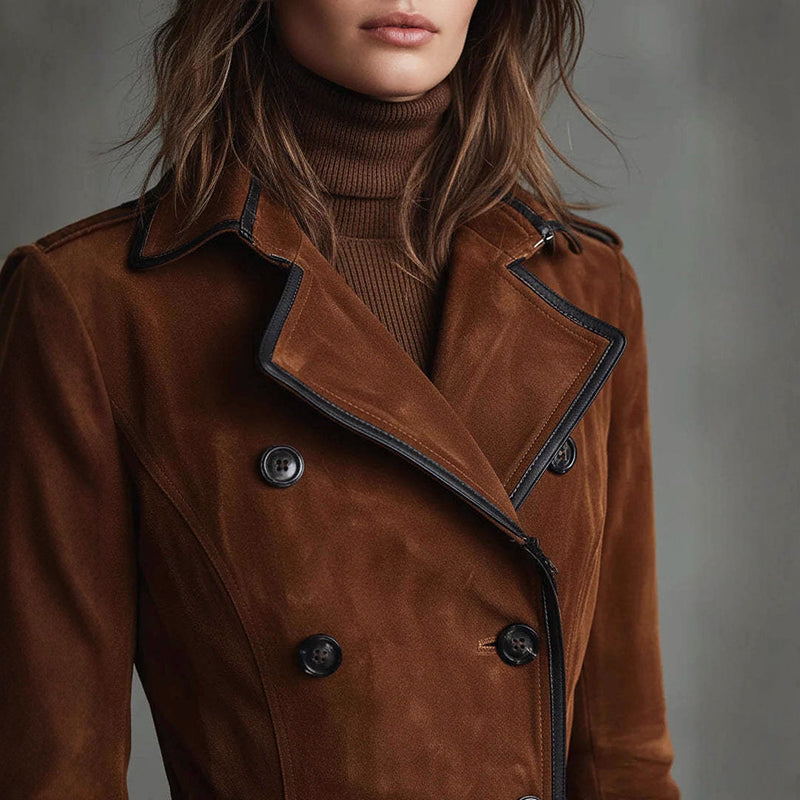 Drune | Long Suede-Style Trench Coat with Double-Breasted Design