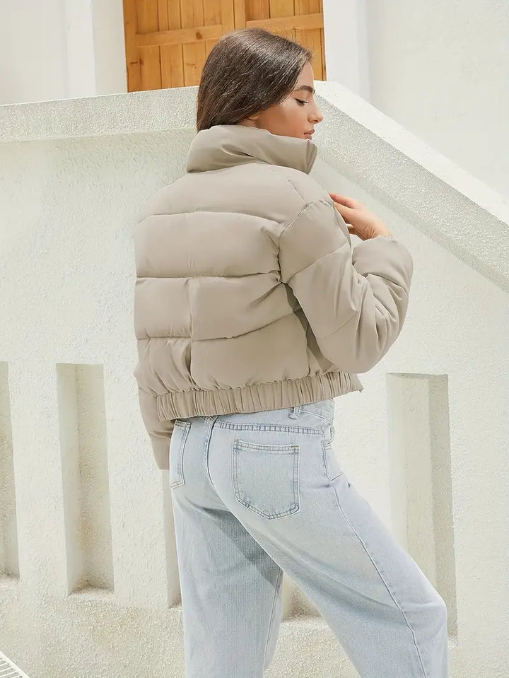 Women's Cropped Stand Collar Quilted Puffer Jacket Zip-Up Winter Coat