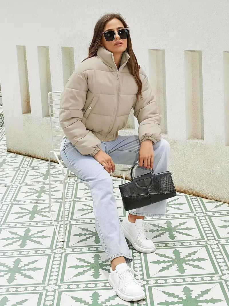 Women's Cropped Stand Collar Quilted Puffer Jacket Zip-Up Winter Coat