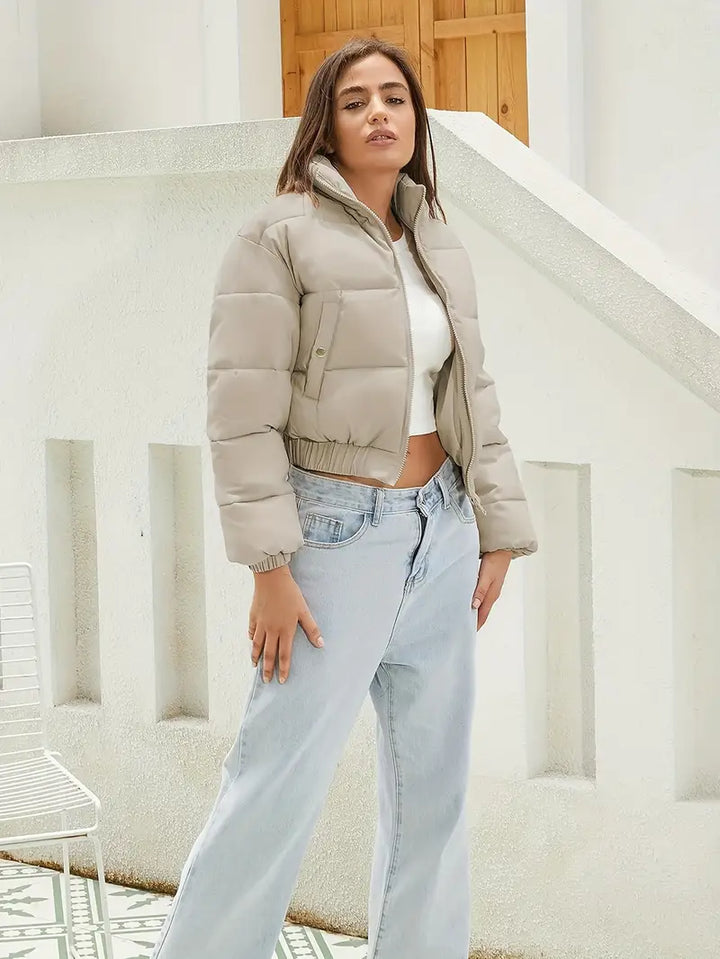 Women's Cropped Stand Collar Quilted Puffer Jacket Zip-Up Winter Coat