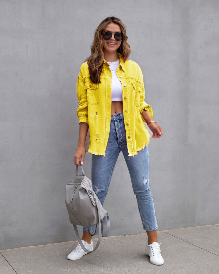 Women's Distressed Denim Jacket Oversized Raw-Edge Button-Up Frayed Relaxed