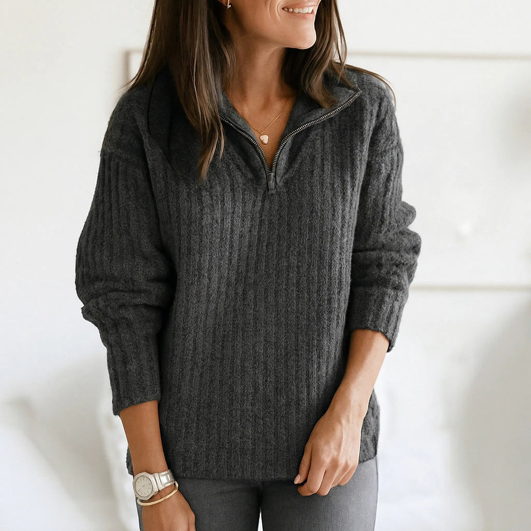 Women's Half-Zip Knit Pullover Stand Collar Ribbed Chunky Winter