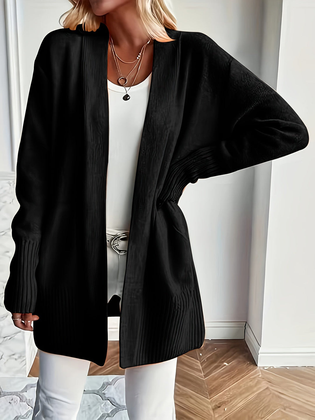 Women's Wool Blend Open-Front Cardigan Ribbed Longline Patch-Pocket Relaxed