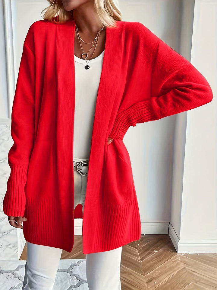 Women's Wool Blend Open-Front Cardigan Ribbed Longline Patch-Pocket Relaxed