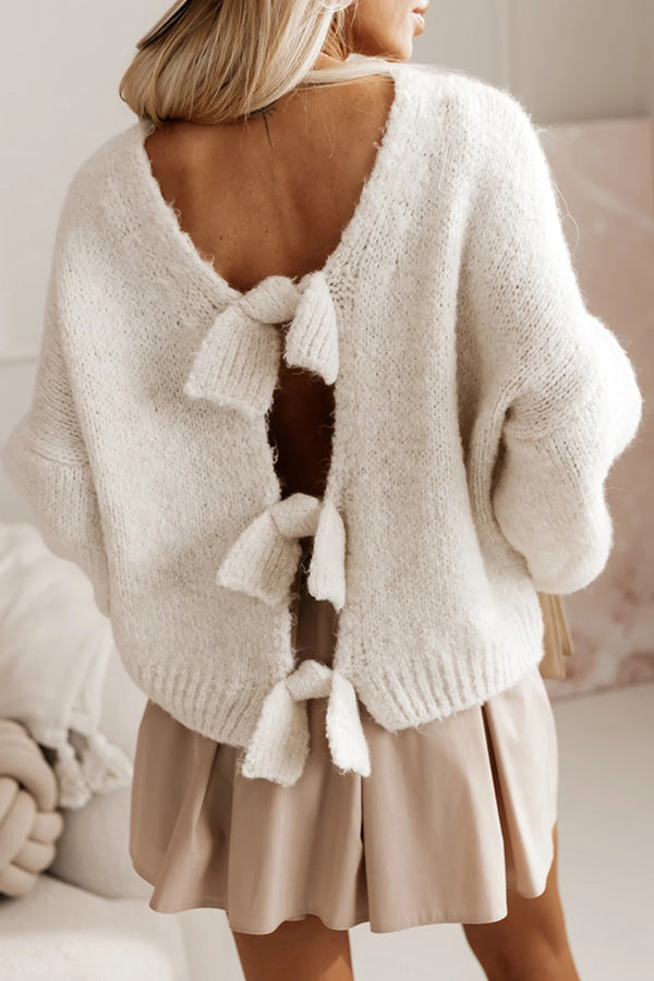 Women's Cream Open-Back Knit Sweater Bow Balloon-Sleeve Cropped