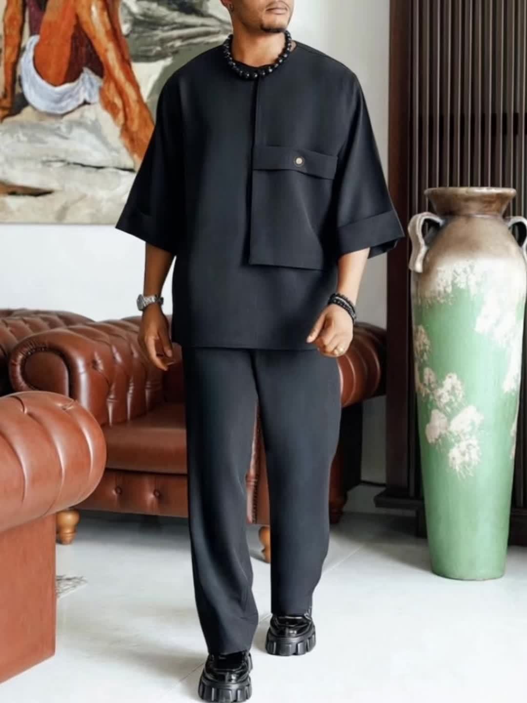 Men's Two-Piece Set Oversized Tee Chest-Pocket Straight-Trousers Relaxed
