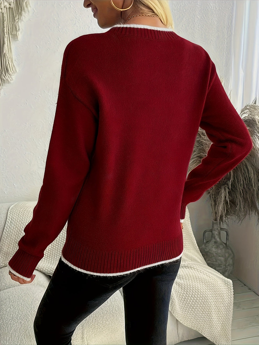 Women's Snowflake Christmas Sweater Crewneck Contrast Trim Knit Pullover