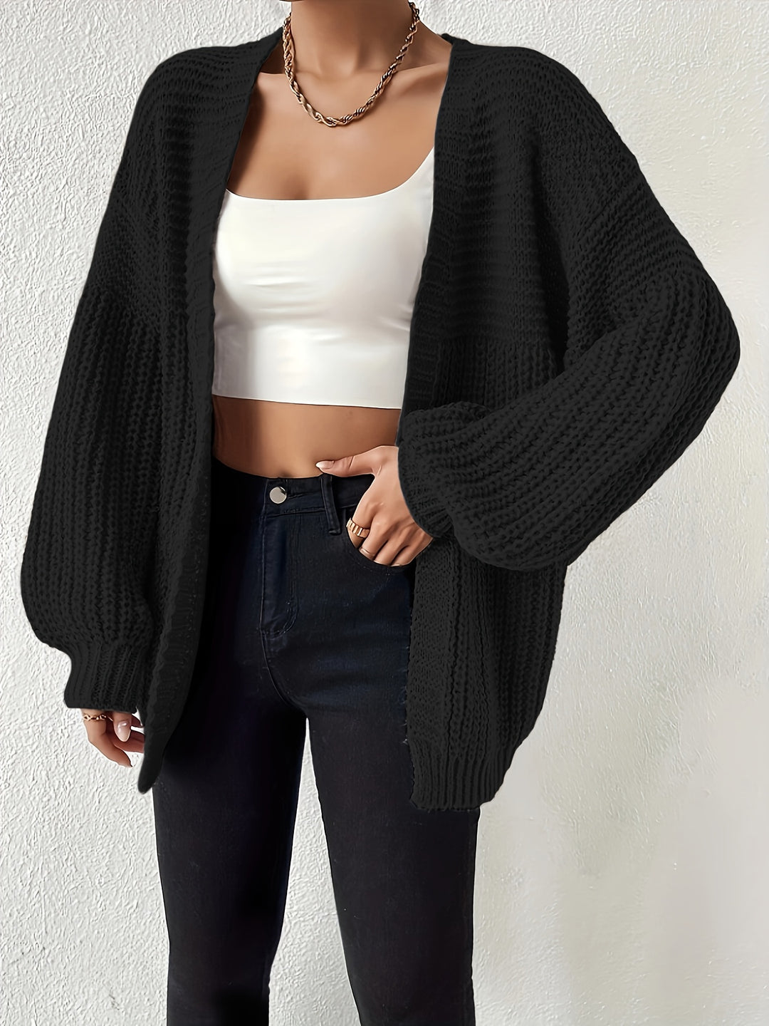 Women's Ribbed Knit Balloon Sleeve Open Front Oversized Cardigan