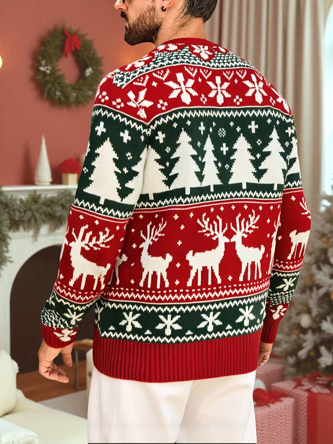 Men's Festive Christmas Sweater Reindeer Fair Isle Crewneck Holiday