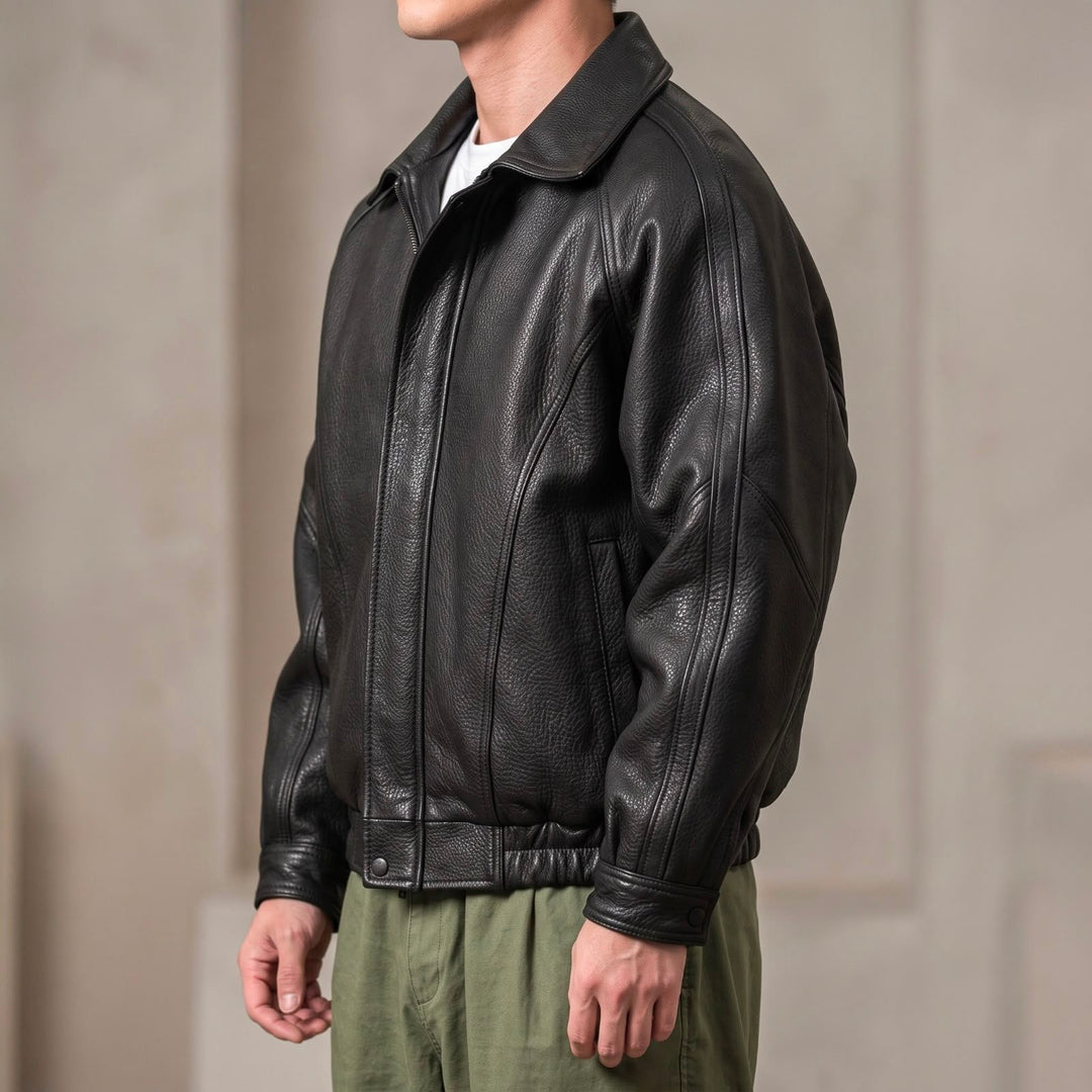 Men's Black Leather Jacket Zip-Up Collared Oversized Drop-Shoulder Bomber