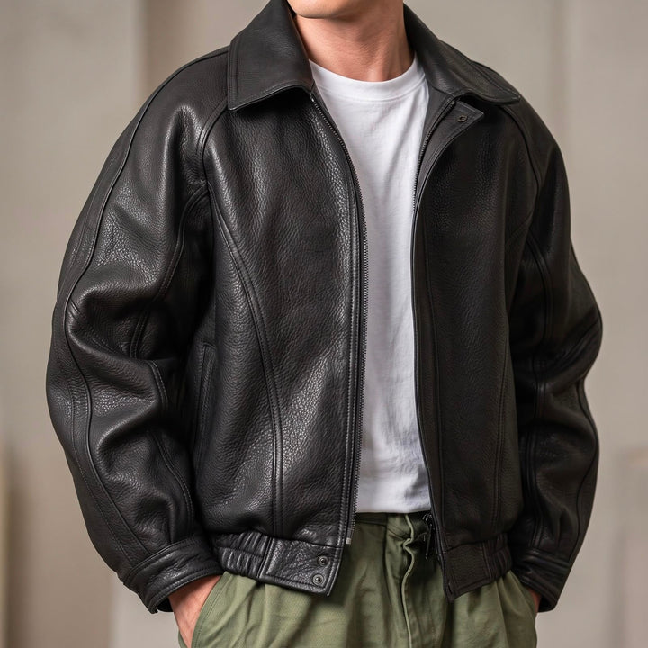 Men's Black Leather Jacket Zip-Up Collared Oversized Drop-Shoulder Bomber