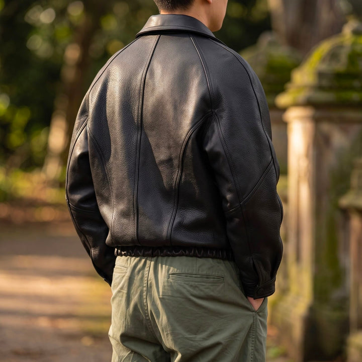 Men's Black Leather Jacket Zip-Up Collared Oversized Drop-Shoulder Bomber