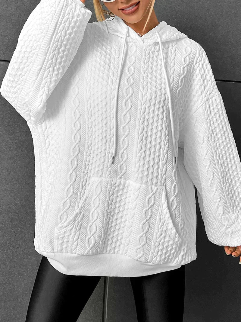 Women's Cable Textured Hoodie Drawstring Kangaroo-Pocket Oversized Longline Relaxed