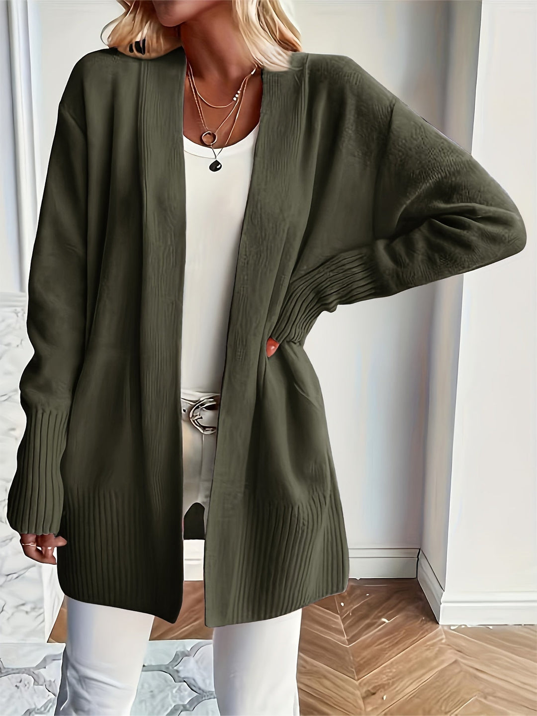 Women's Wool Blend Open-Front Cardigan Ribbed Longline Patch-Pocket Relaxed