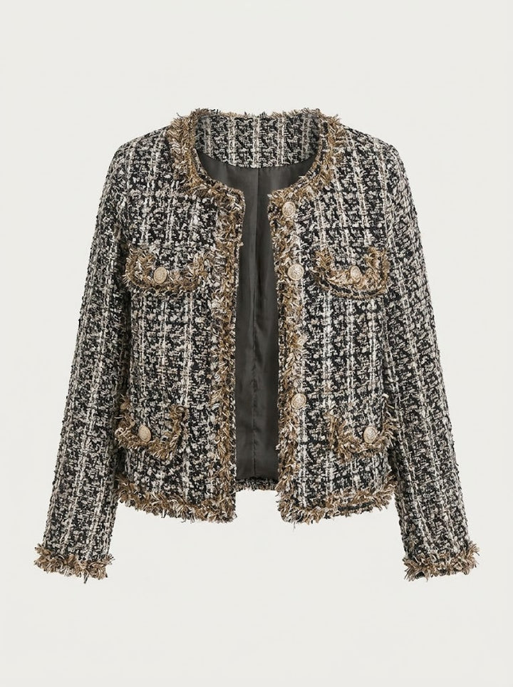 Women's Bouclé Tweed Cropped Jacket Fringe-Trim Collarless Open-Front Gold-Button