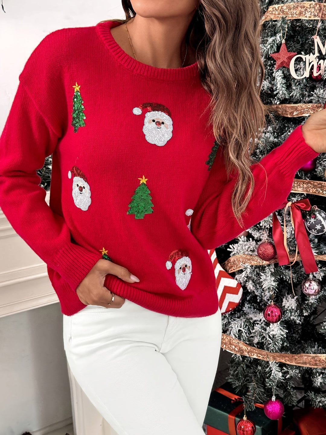 Women's Festive Christmas Sweater Sequin Santa Tree Crewneck Holiday Red