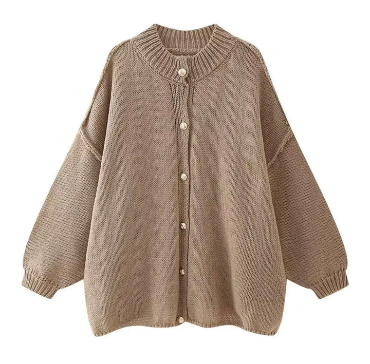 Women's Oversized Chunky Knit Cardigan Button-Front High-Neck Balloon-Sleeve
