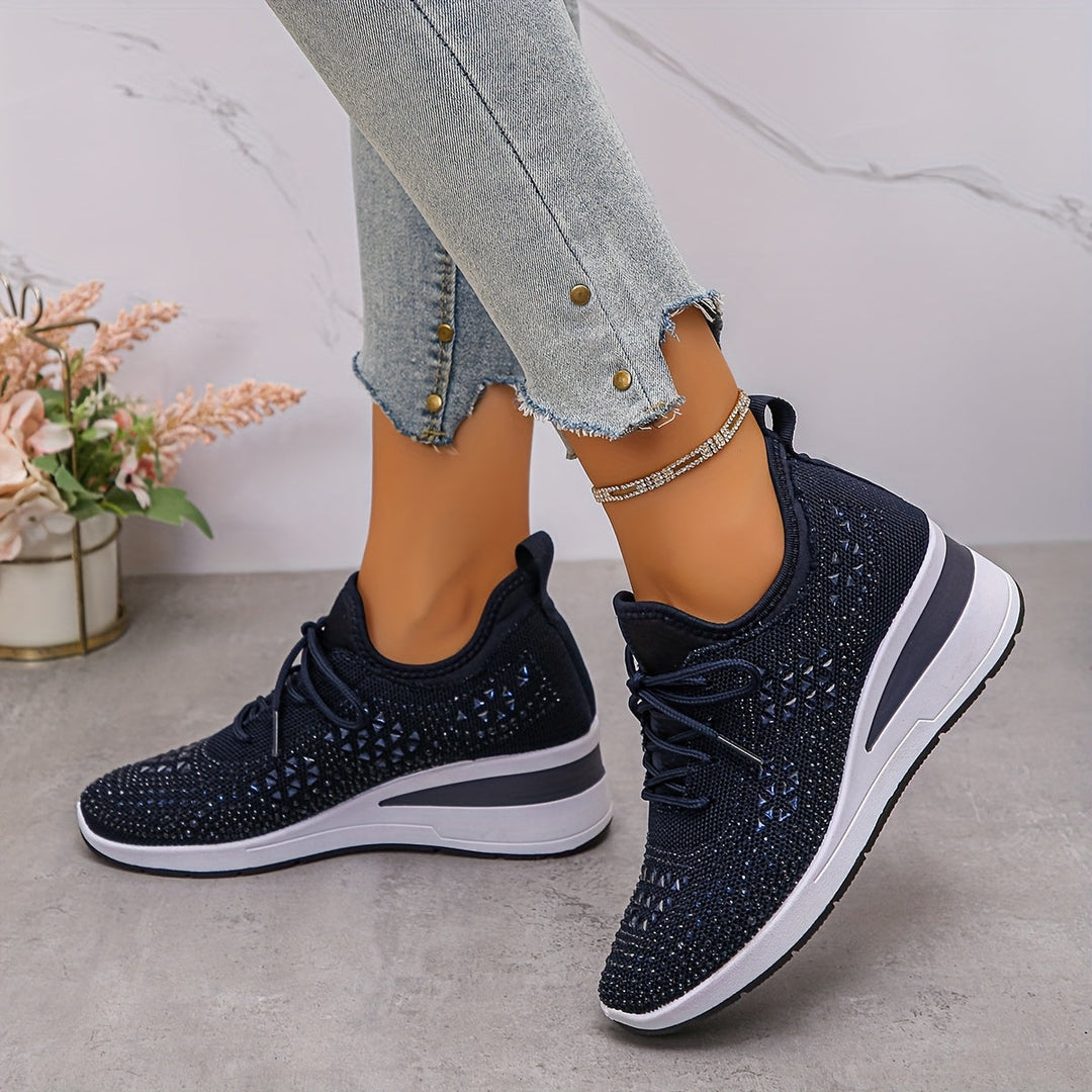 Women's Rhinestone Knit Wedge Sneakers Lace-Up Cushioned Comfort Walking
