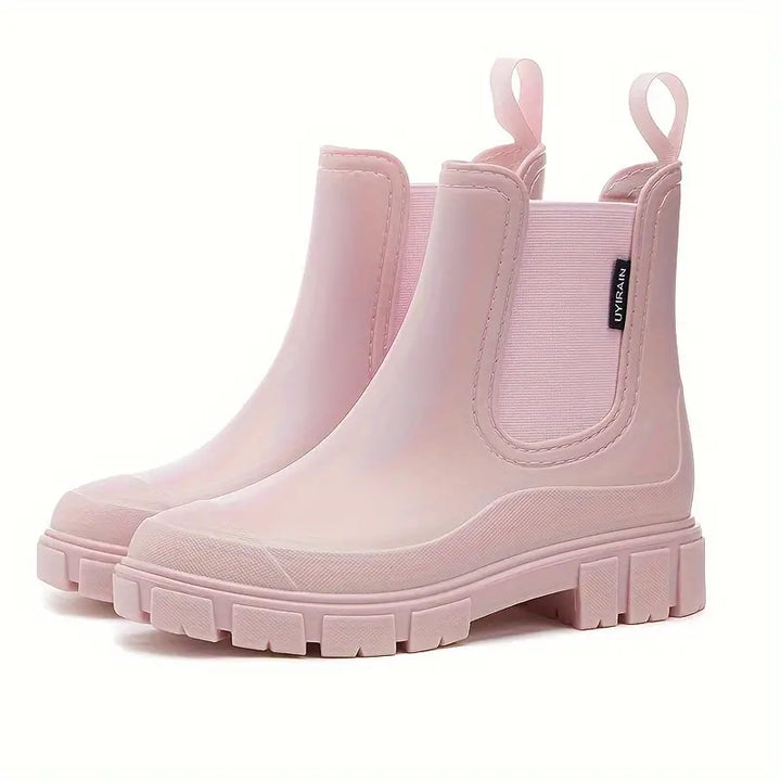 Women's Rubber Chelsea Rain Boots Platform Lug Sole Slip-On Pull Tab