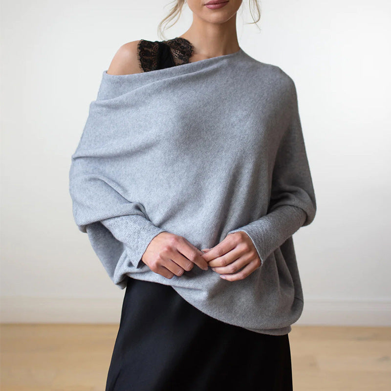 Women's Off-Shoulder Knit Sweater Carmen Neckline Batwing Sleeve Oversized