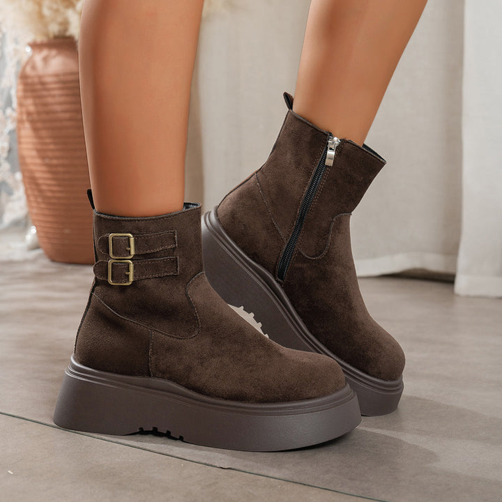 Women's Suede Ankle Boots Double Buckle Side-Zip Platform Lug-Sole Round-Toe