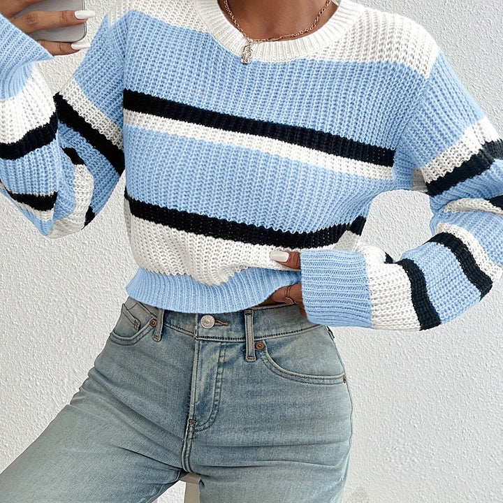 Women's Cropped Striped Knit Sweater Crewneck Colorblock Waffle Pullover
