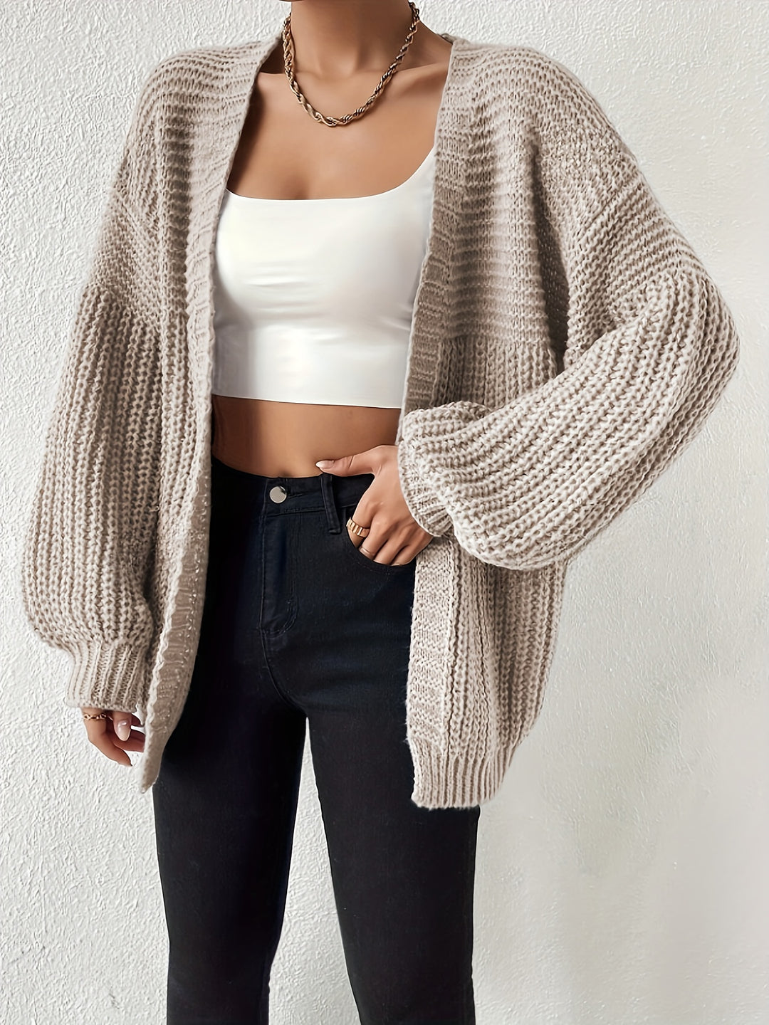 Women's Ribbed Knit Balloon Sleeve Open Front Oversized Cardigan