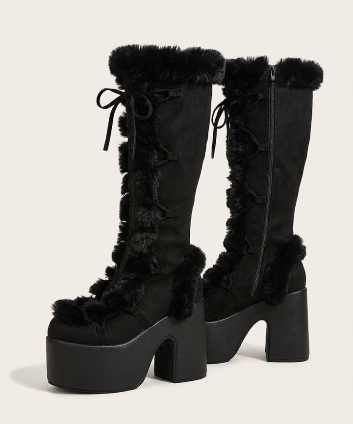 Women's Suede Platform Knee-High Snow Boots Faux-Fur Lace-Up Chunky