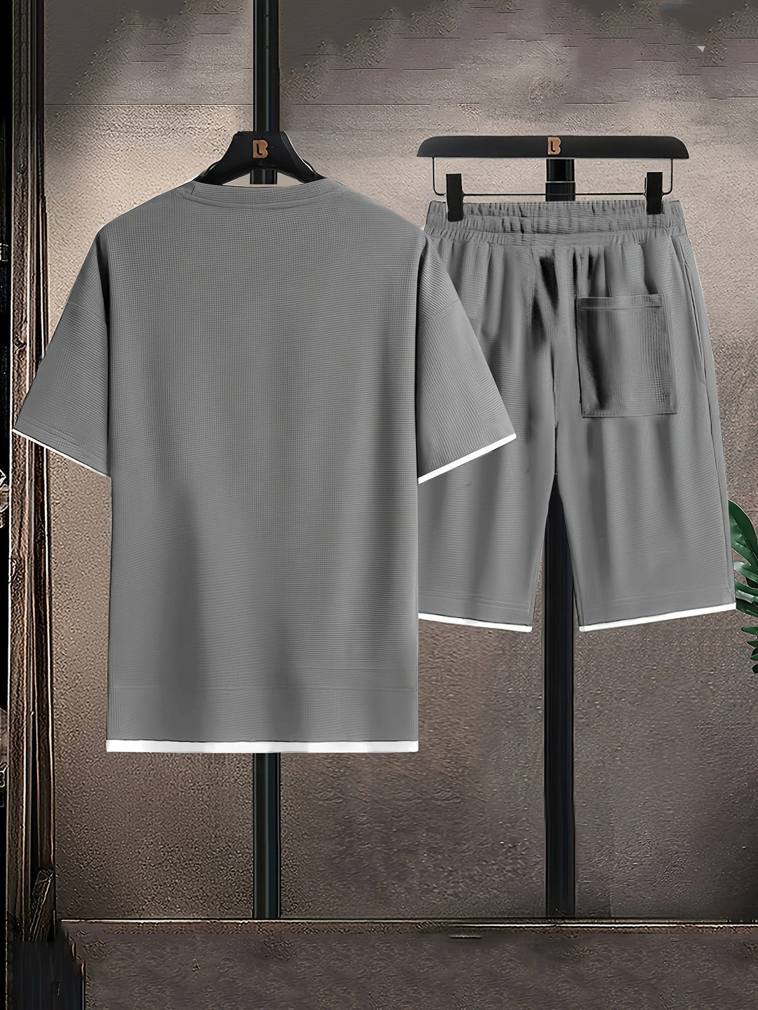 Men's Waffle Knit Set Short-Sleeve Tee Drawstring Shorts Two-Piece