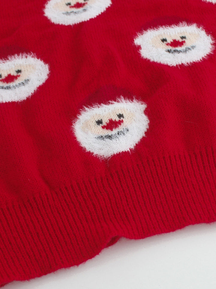 Women's Festive Christmas Sweater Fuzzy Santa Print Crewneck Holiday Red
