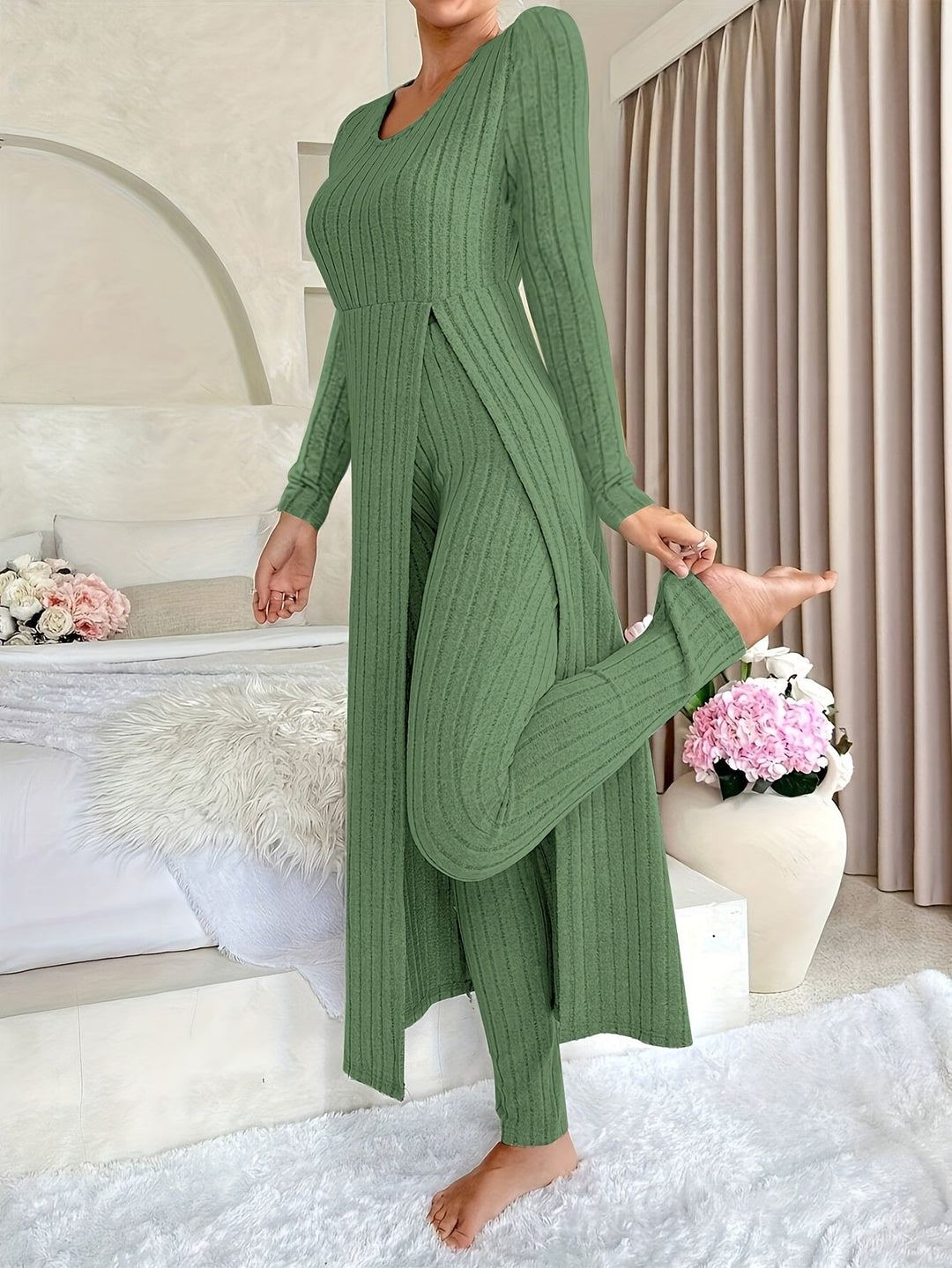 Women's Ribbed Two-Piece Lounge Set Longline Split-Hem Long-Sleeve Pants Cozy
