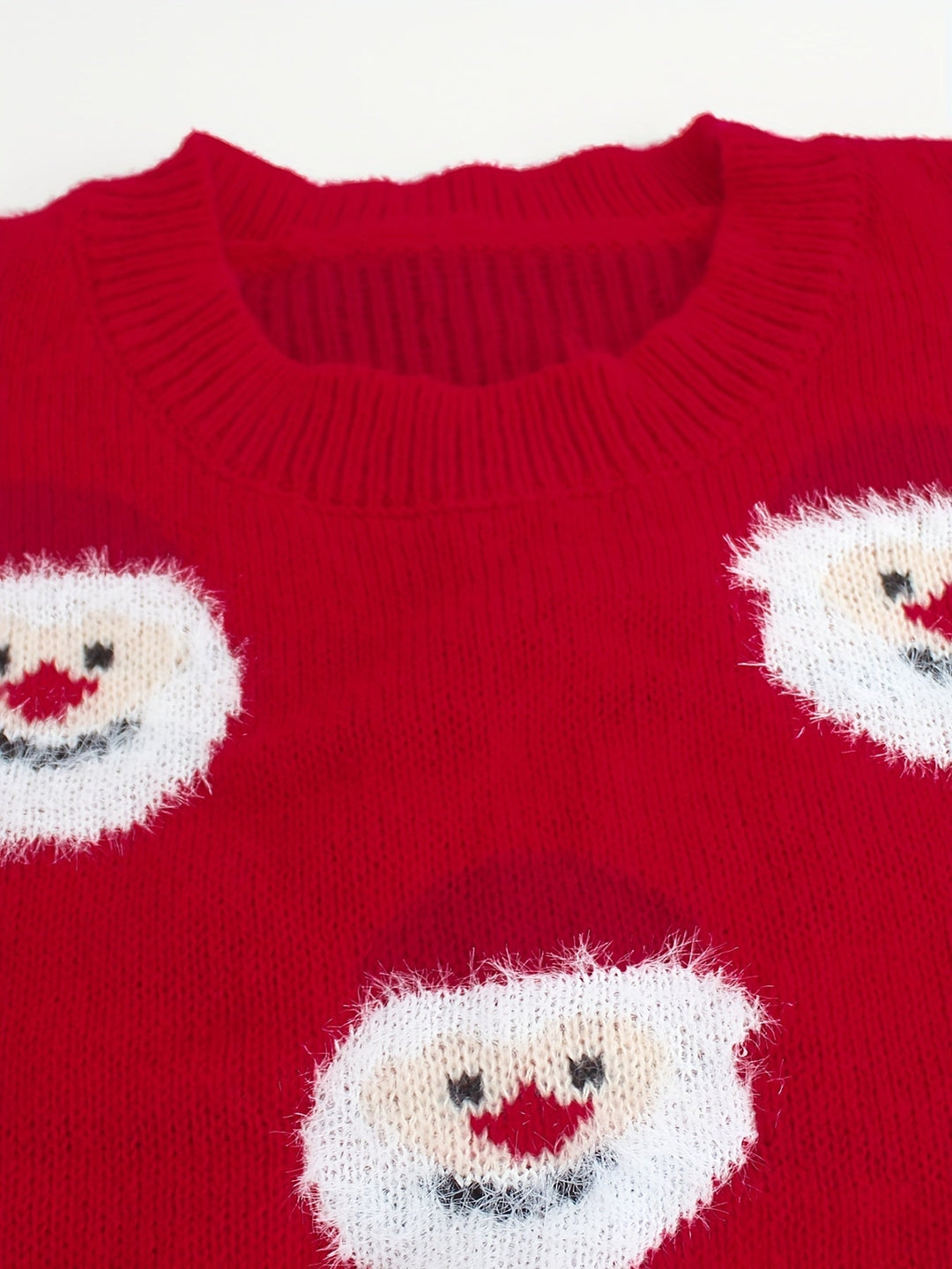 Women's Festive Christmas Sweater Fuzzy Santa Print Crewneck Holiday Red