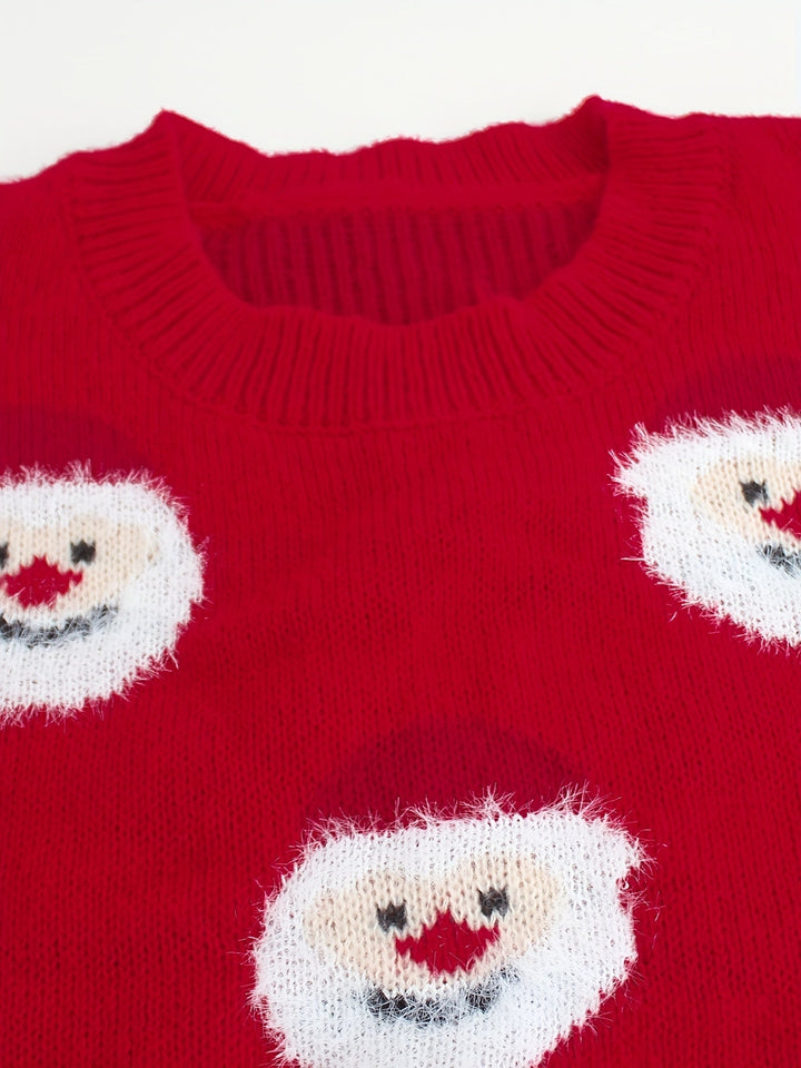 Women's Festive Christmas Sweater Fuzzy Santa Print Crewneck Holiday Red