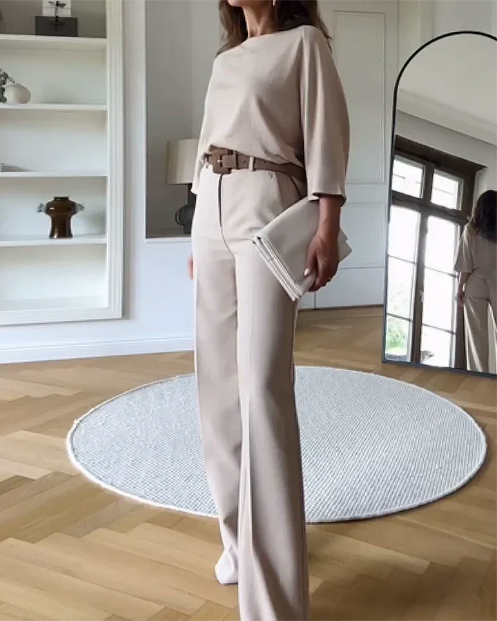 Women's Boat-Neck Top Wide-Leg Trousers Two-Piece Set Beige