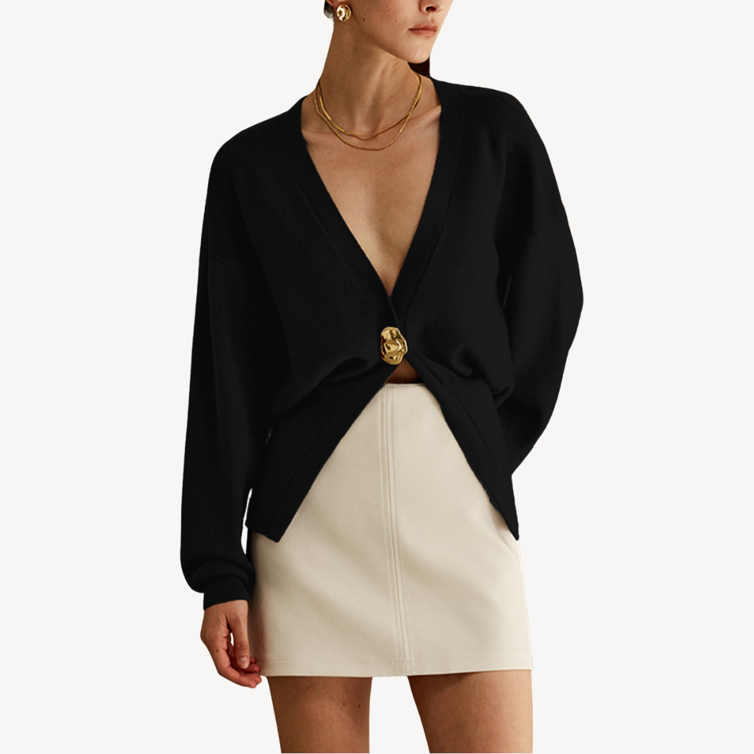 Women's Fine Knit V-Neck Cardigan Gold-Button Batwing-Sleeve Relaxed Cropped
