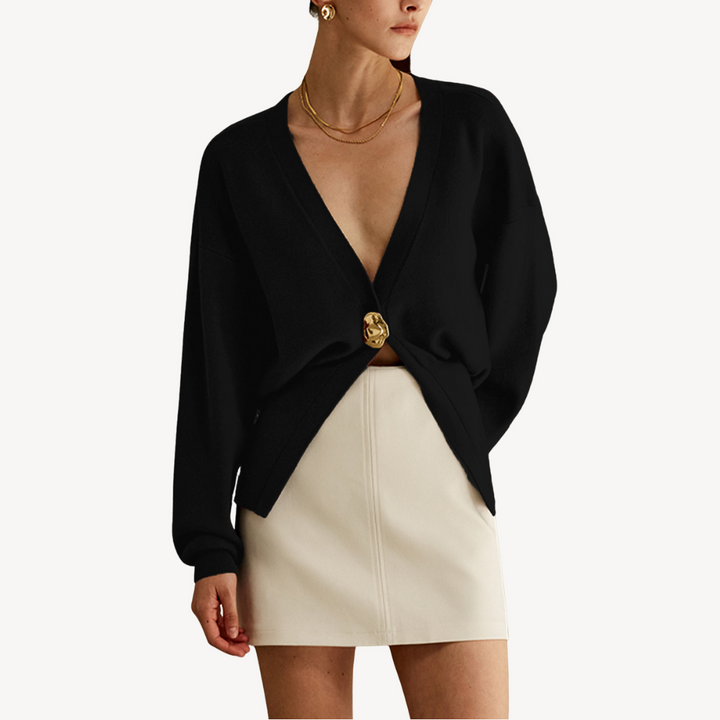 Women's Fine Knit V-Neck Cardigan Gold-Button Batwing-Sleeve Relaxed Cropped