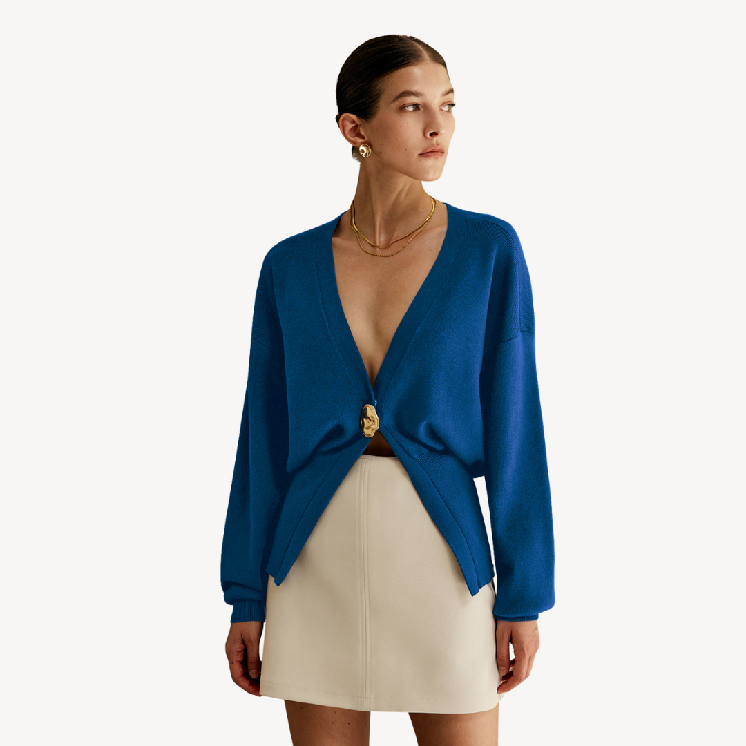 Women's Fine Knit V-Neck Cardigan Gold-Button Batwing-Sleeve Relaxed Cropped